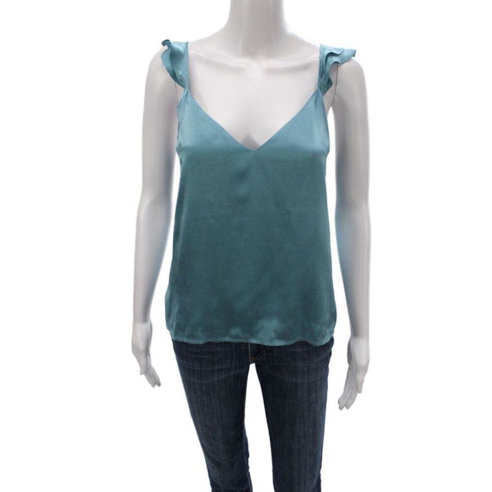 Cami Women Silk V-Neck Camisole Blue Sleeveless Solid Size M